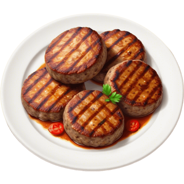 Cinematic Realistic image of Turkish Köfte, presented as perfectly formed, spiced meat patties with detailed textures and subtle grill marks, arranged artfully on a simple plate and illuminated by warm, appetizing lighting that accentuates their savory appeal. emoji