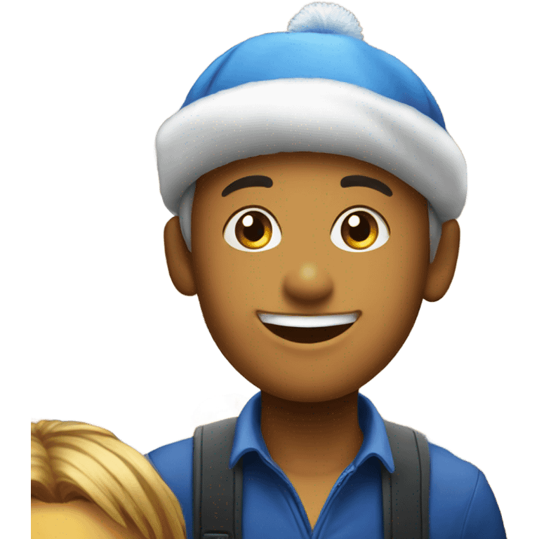 smiling boy with new year hat, in front of a part crowd emoji