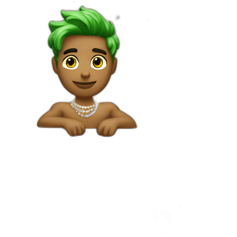 Posh-muscle-boy-with-green-eyes-and-unicorn-hair-and-pearl-necklace-in-golden-bathtub emoji