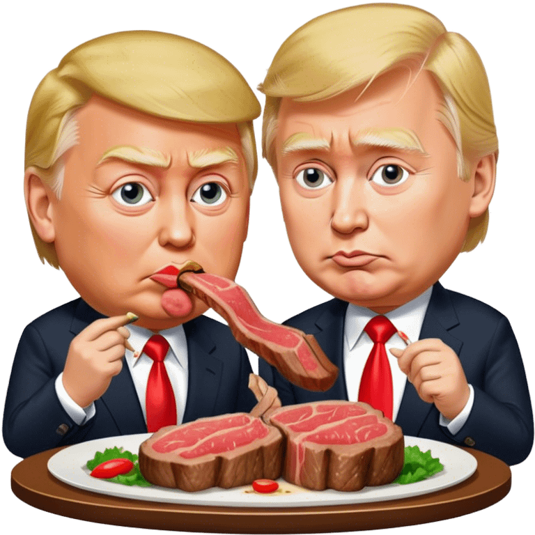 photorealistic Donald Trump and Putin eating a steak shaped like an piece of land emoji