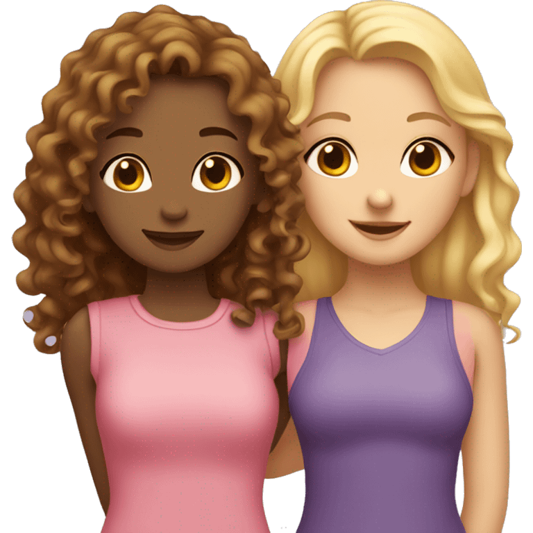 One girl withe brown curly hair and another girl with straight blonde hair hugging each other emoji