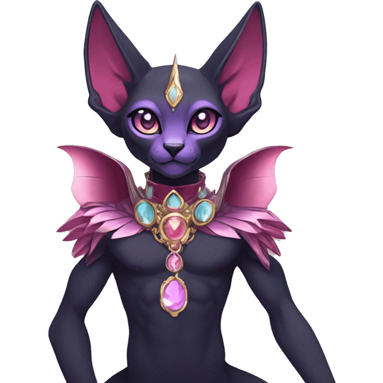 cool kawaii cartoon edgy distinguished ethereal elegant beautiful fantasy black purple red ethereal fantasy nargacuga-Noivern-sphynx-Quiana-Fakemon collar harness moon gem jewels full body emoji