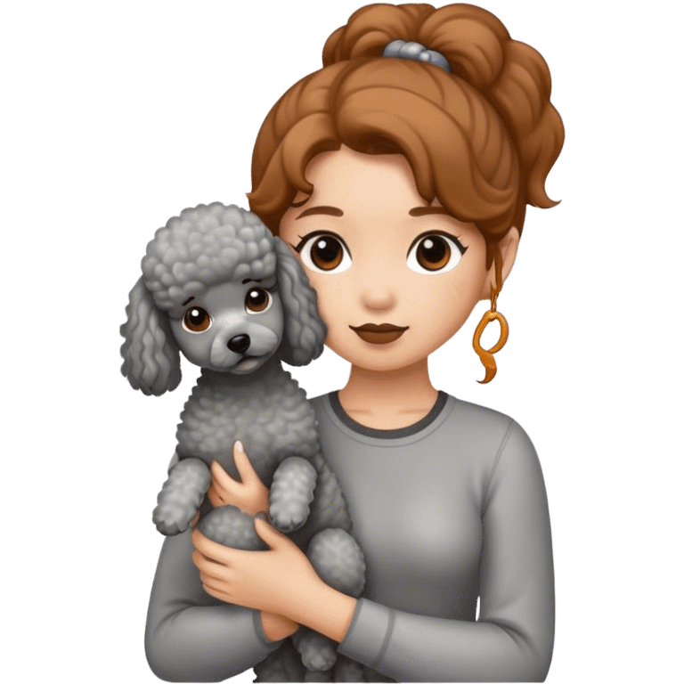 A girl with caramel brown ponytail holding a grey poodle emoji