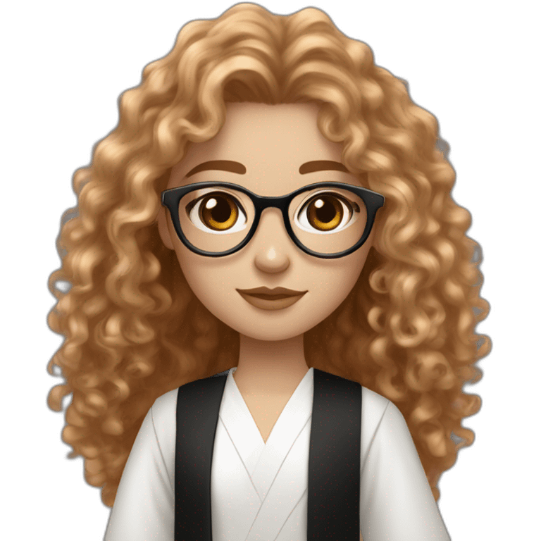 British white skin teenage girl very long curly flax hair amber eyes rose gold round glasses white shirt black robe emoji