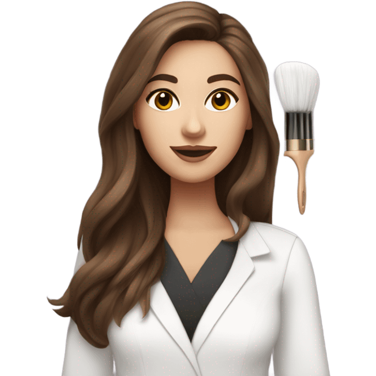 Brown haired esthetician with hair down wearing white holding fan brush emoji