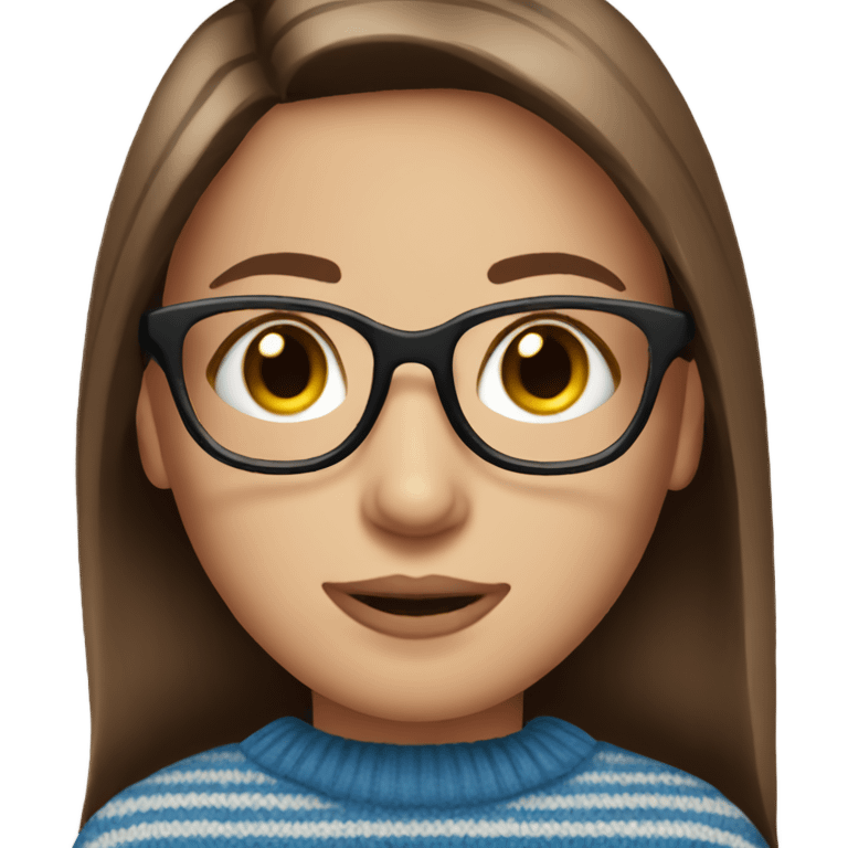 beautiful woman, long straight brown hair, blue eyes, striped knit sweater, with glasses emoji