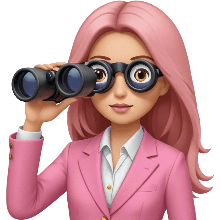 futuristic-looking woman with long hair in an intensive color pink suit looking through binocular, viewed from an angled perspective. Binoculars must be two-eyed emoji