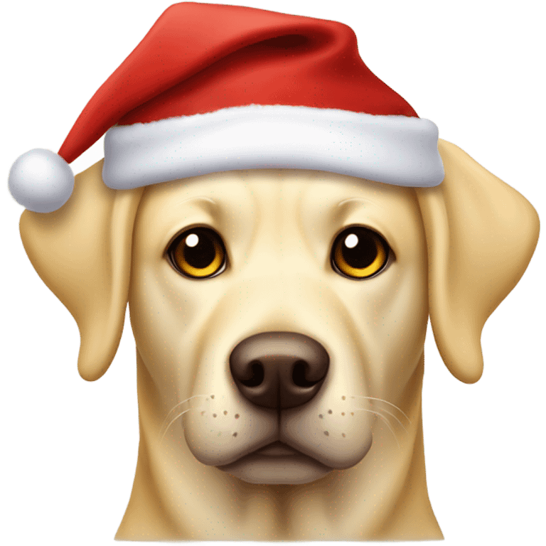 Yellow Labrador with big brown eyes wearing a floppy Santa hat emoji