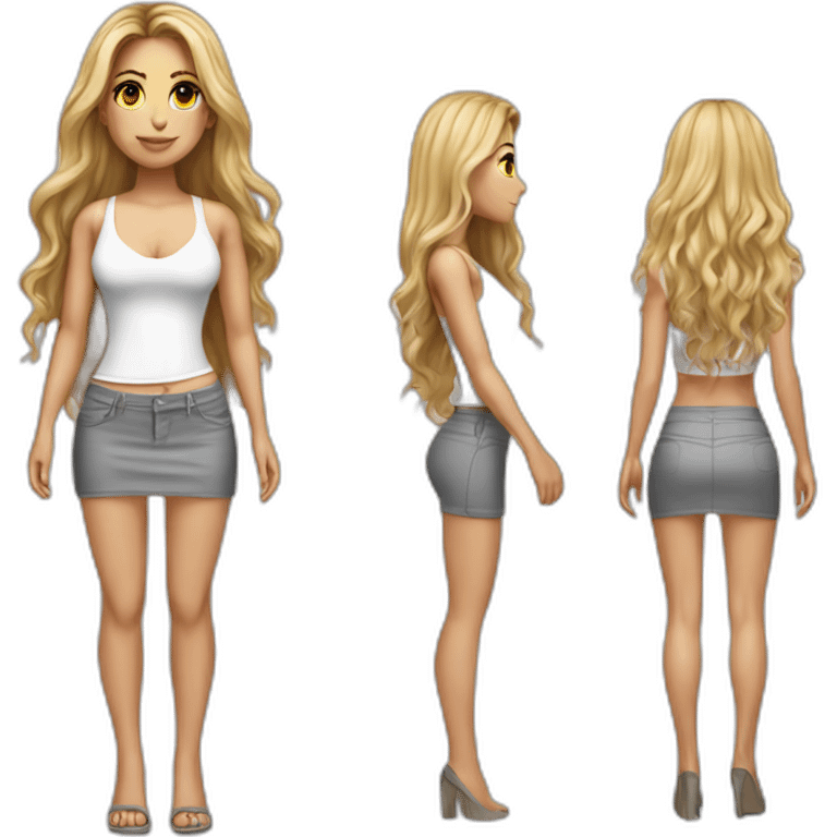 hyperrealistic shakira, long straight hair, white deep v-neck crop tanktop, gray tight mini skirt, frontal body view emoji