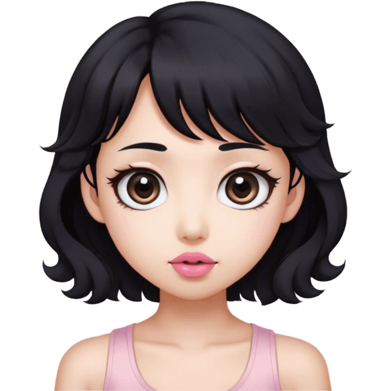 Black hair with a little brunette/ white tank top/asian but a little bit look like foreigner/ big eyes/ with blush/ small face/ pink lip/ long curly hair/ French bang/ emoji