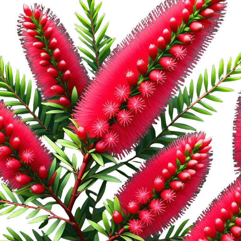 Cinematic Realistic Callistemon Emoji, Vibrant and striking, with spiky red flowers resembling a bottlebrush. The slender leaves create a fine backdrop to the bold blooms, while the plant exudes energy and vitality. Soft glowing outline, capturing the essence of strength, color, and natural beauty in a brilliant callistemon tree! emoji