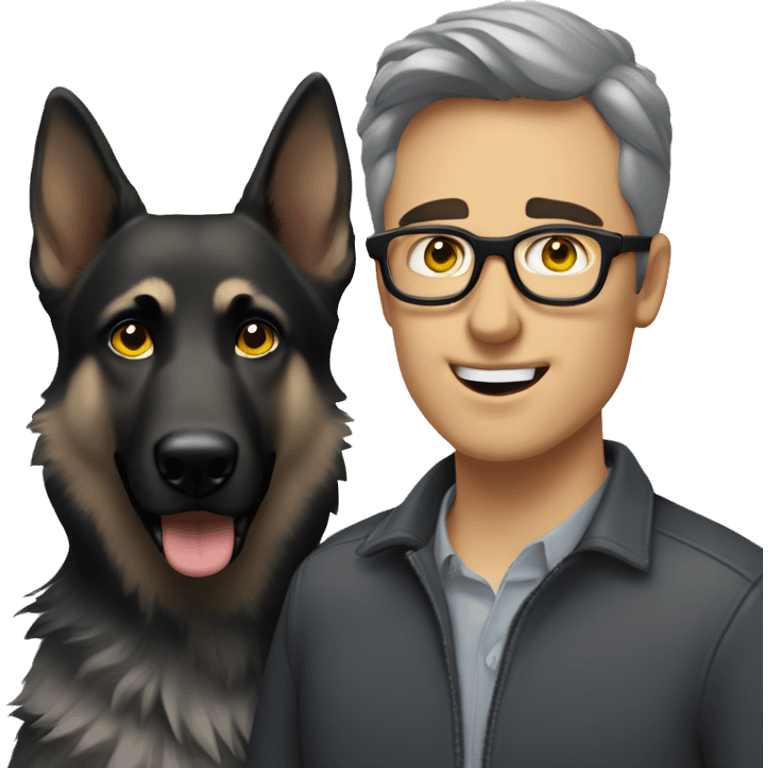 A guy with brown hair, gray eyes, and thin, stylish black glasses, accompanied by a gray German Shepherd (female) with yellow eyes. emoji