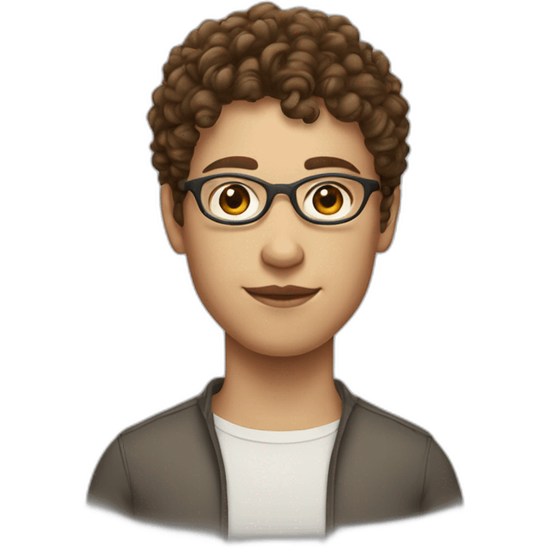 Androgynous white person with short curly brown hair with bangs and circle glasses emoji