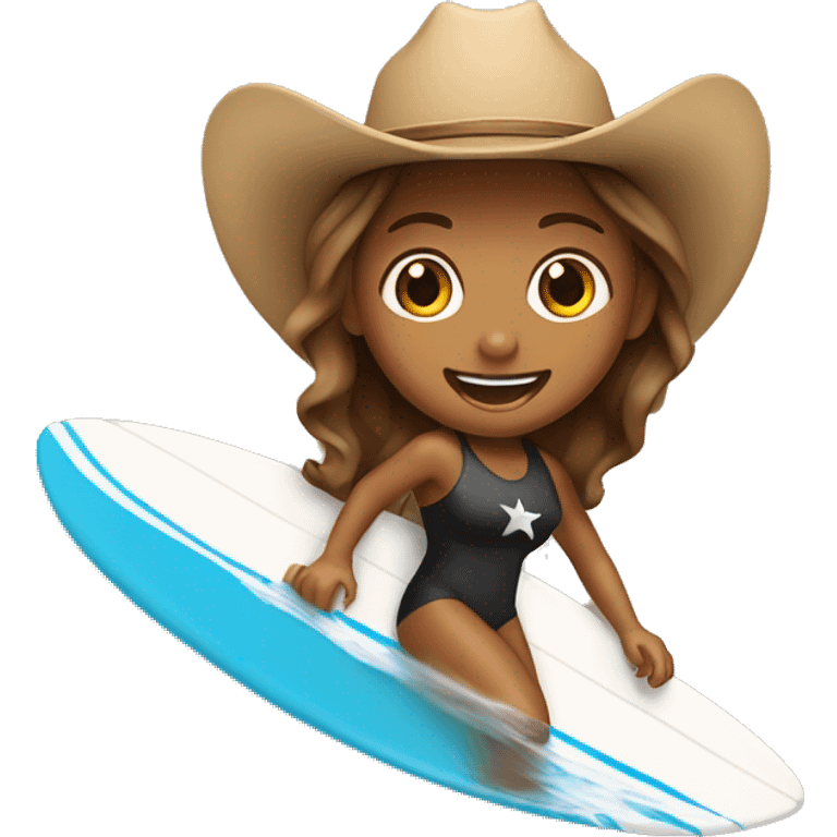 Girl surfing a wave wearing a cowboy hat emoji