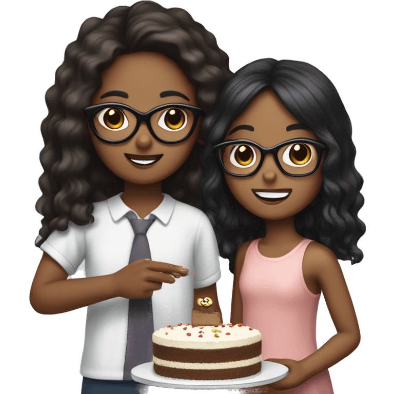 Brown skin girl with long black hair giving a cake to a white skin girl wearing a specs with boy hair emoji