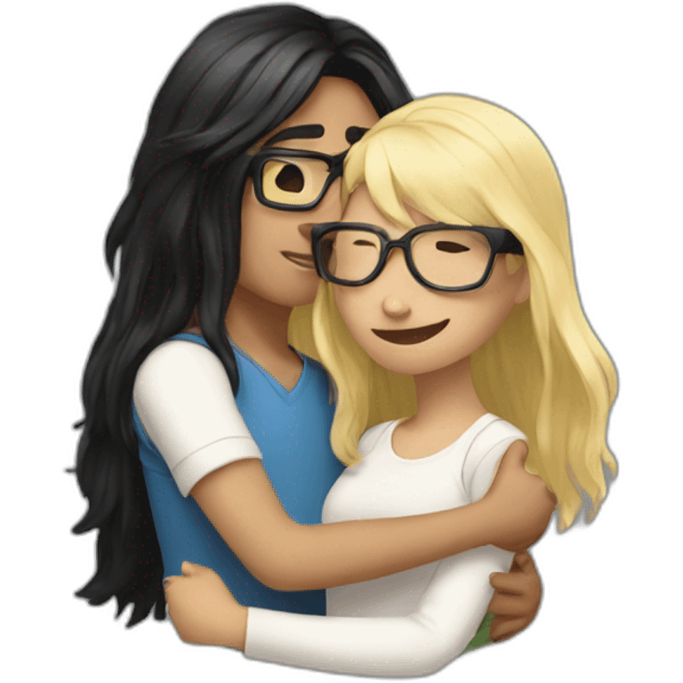 boy with blonde hair and glasses hugging girl with long black hair and glasses emoji