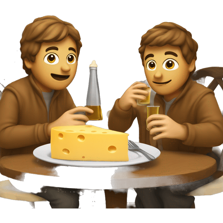 2 guys sitting at the table eating cheese with cumin and drinking beer, and in the background is fireplace emoji