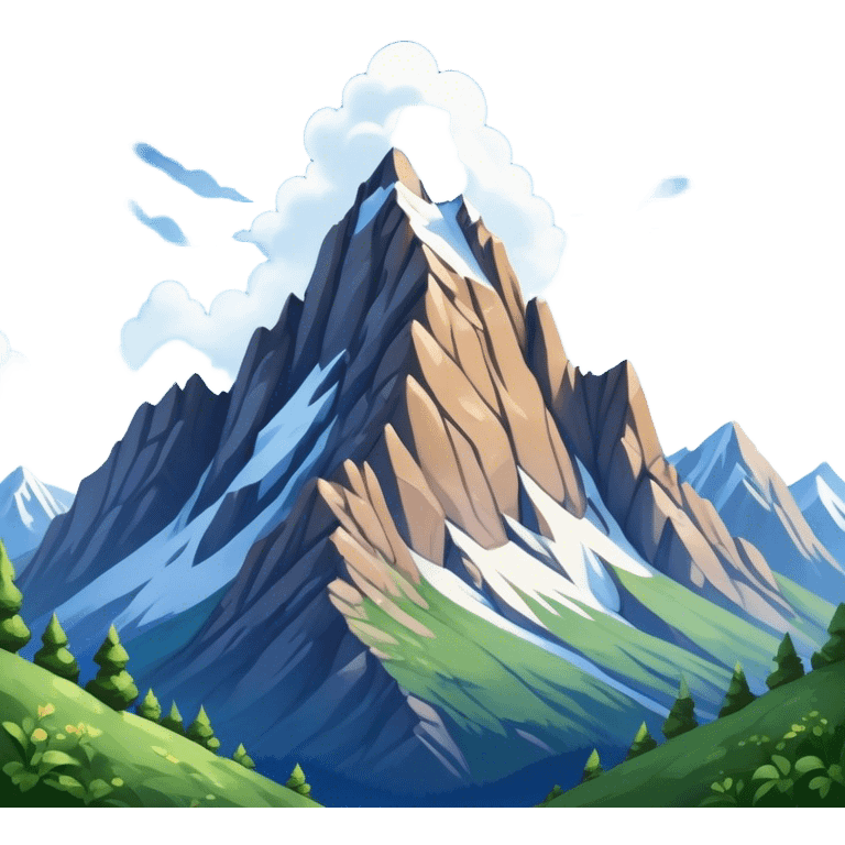 Cinematic Realistic Mountain Emoji, Majestic and towering, with craggy, snow-capped peaks rising sharply against a deep blue sky. The rugged terrain is dotted with rocky outcrops and patches of greenery, with clouds swirling around the higher reaches. Soft glowing outline, capturing the essence of ancient strength and natural beauty in a towering mountain! emoji