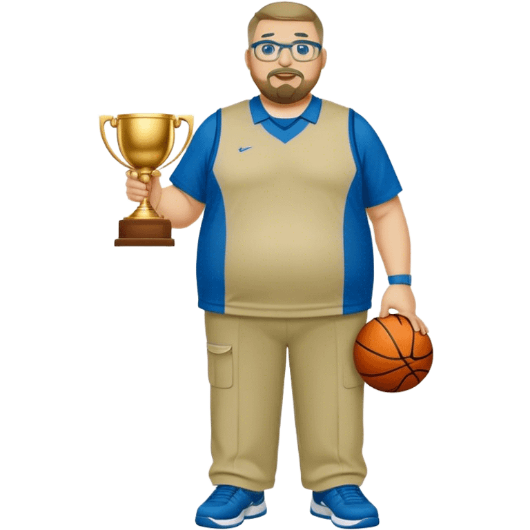 full body white obese male basketball coach with trophy. Goatee , Wearing glasses and blue and green polio and khaki pants emoji