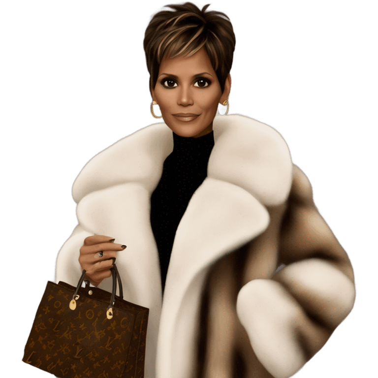 Halle Berry in a fur  with lv shopping bag around her emoji