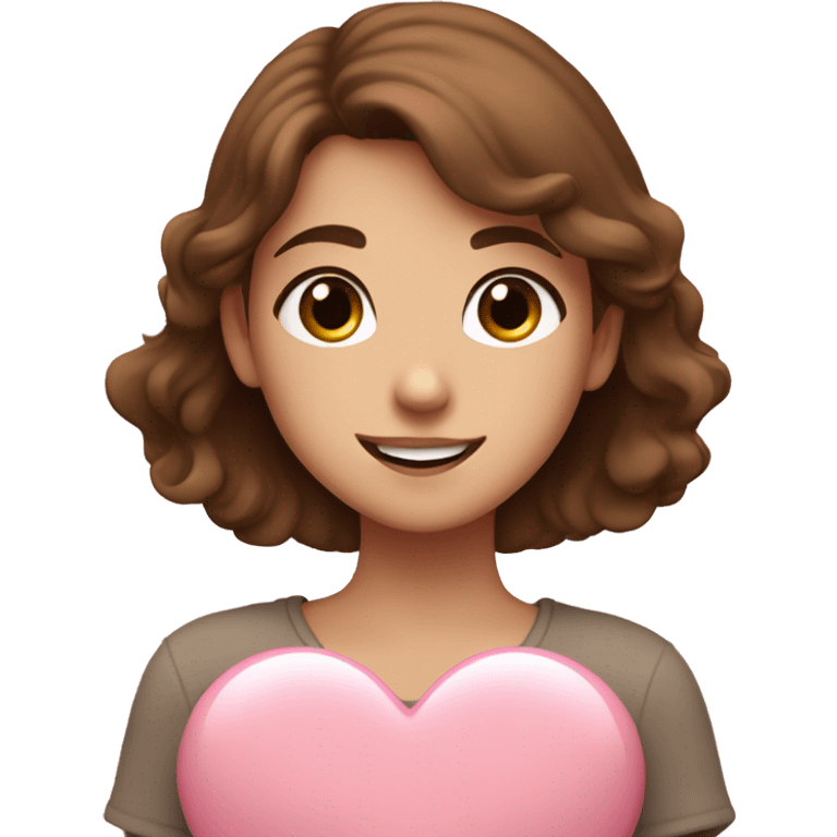 A European girl with brown hair and big brown eyes hugging a light pink heart and smiles a little bit  emoji