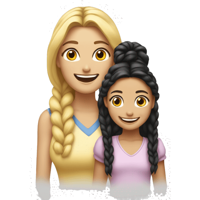 An emoji of a blonde mother with very long hair and a cheerful expression, standing next to her daughter, a small girl with black hair styled in two braids, both smiling happily together emoji