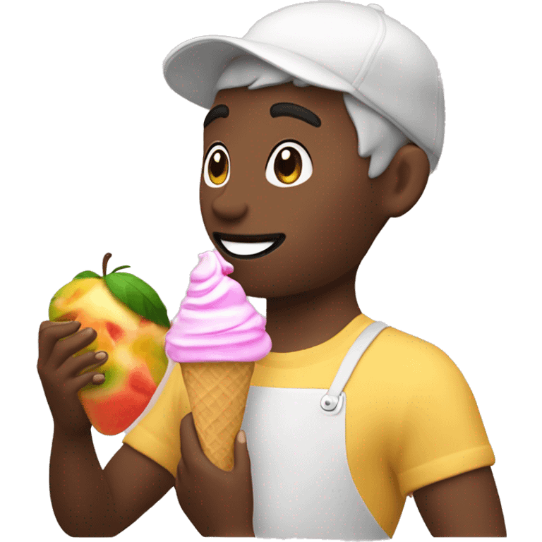 persona sosteniendo en una mano una fruta y en la otra un helado emoji