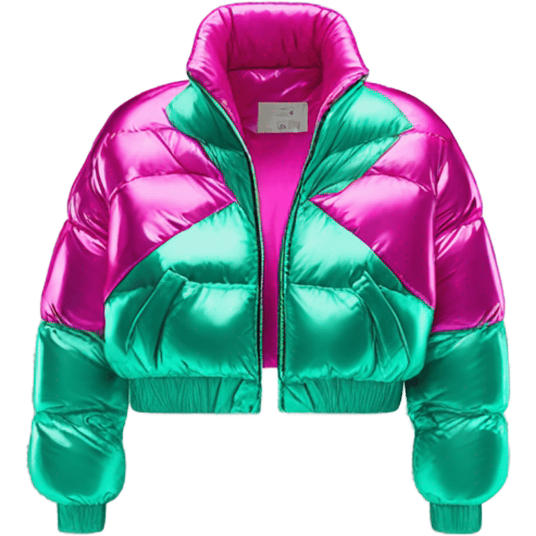 Realistic isolated side view of an open metallic hot pink cropped puffer jacket and metallic mint green sports bra underneath the jacket. emoji