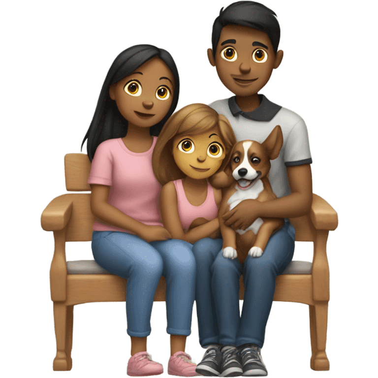 3 boys and a girl with arms around shoulders holding a dog on their laps emoji