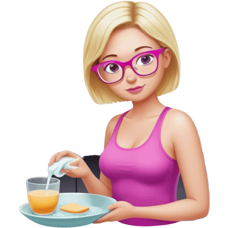 Intimate, Curvy fair and freckled skinned woman, short blond hair, small light purple reading glasses, washing dishes, short flowing sheer hot pink tank top, without undergarments SFW, black yoga pants, thick booty emoji