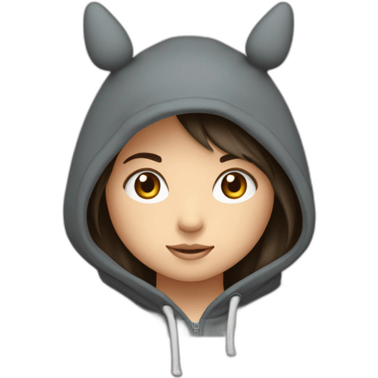 Fille Brune avec un sweat-capuche Totoro gris foncé avec les rond clair de Totoro sur ventre  emoji