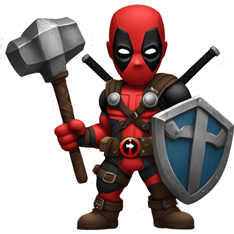 Deadpool holding Viking shield and thors hammer emoji