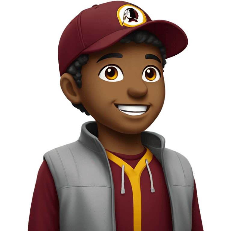 a little slimmer smiling boy by the window with a redskins hat emoji