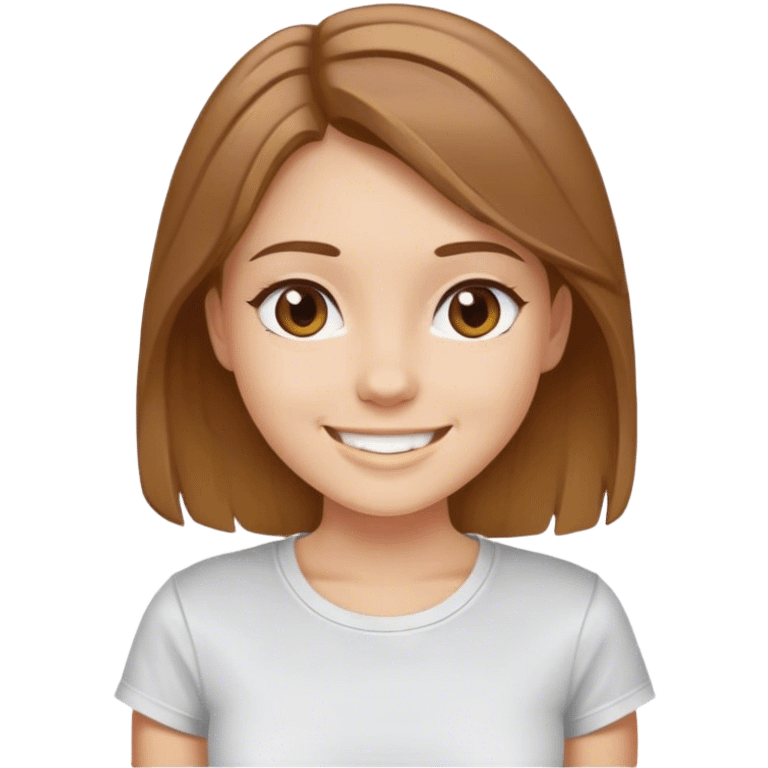 an while girl with brown hair highlighted with blone color, smiling , tshirt emoji