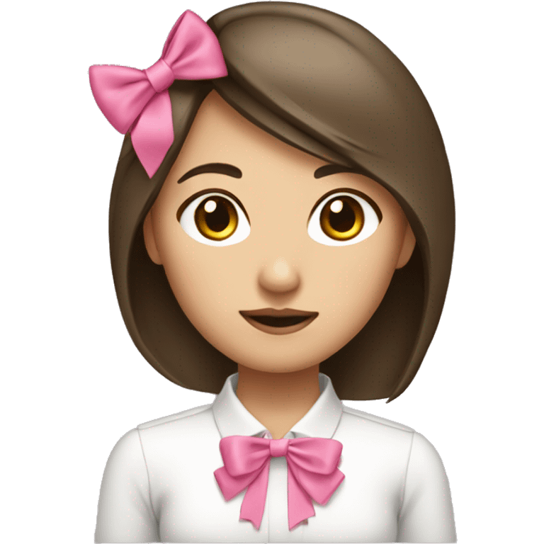 Asian girl medium length brown hair in business with a pink bow emoji