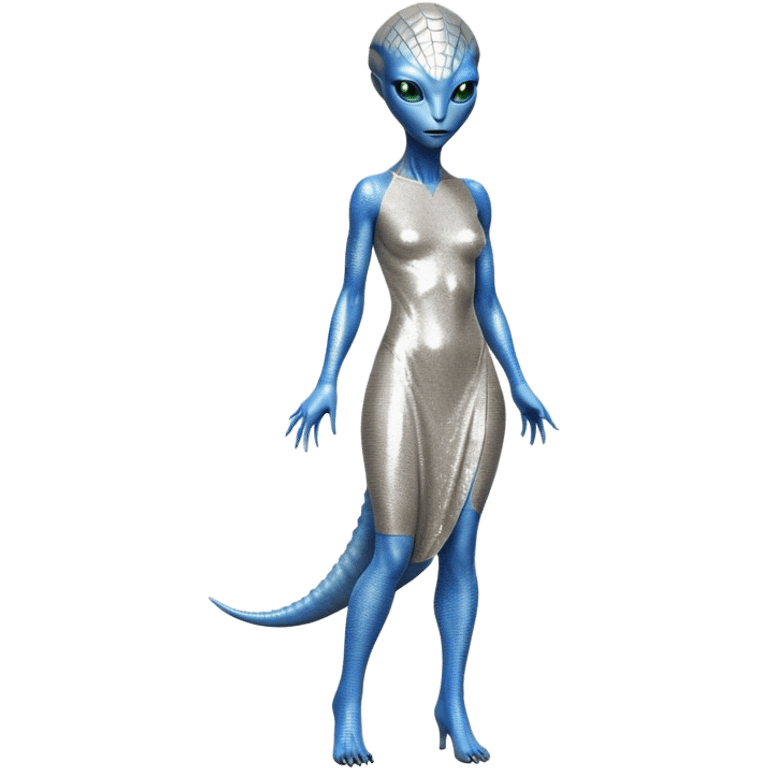 alien reptilian woman in silver dress, full body blue eyes emoji