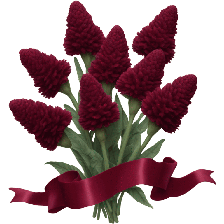 A vintage bouquet of dark red celosia wrapped in a flowing burgundy ribbon
 emoji