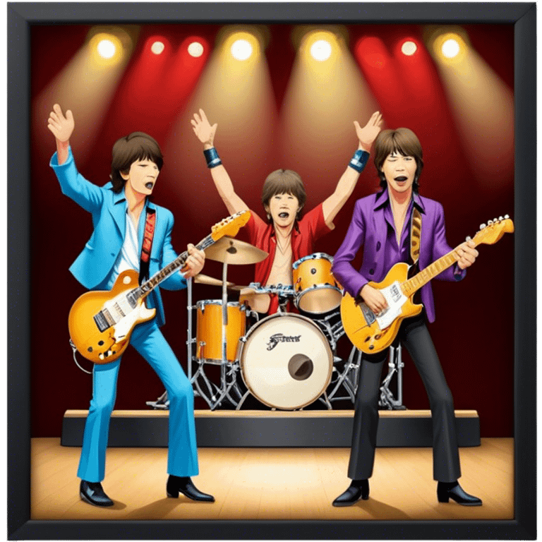 Icon for Rock Music: The Rolling Stones live on stage with Mick Jagger performing vocals, Keith Richards playing guitar, and Charlie Watts on drums. Iconic stage lights, electric guitars, and energetic crowd. Transparent background. emoji