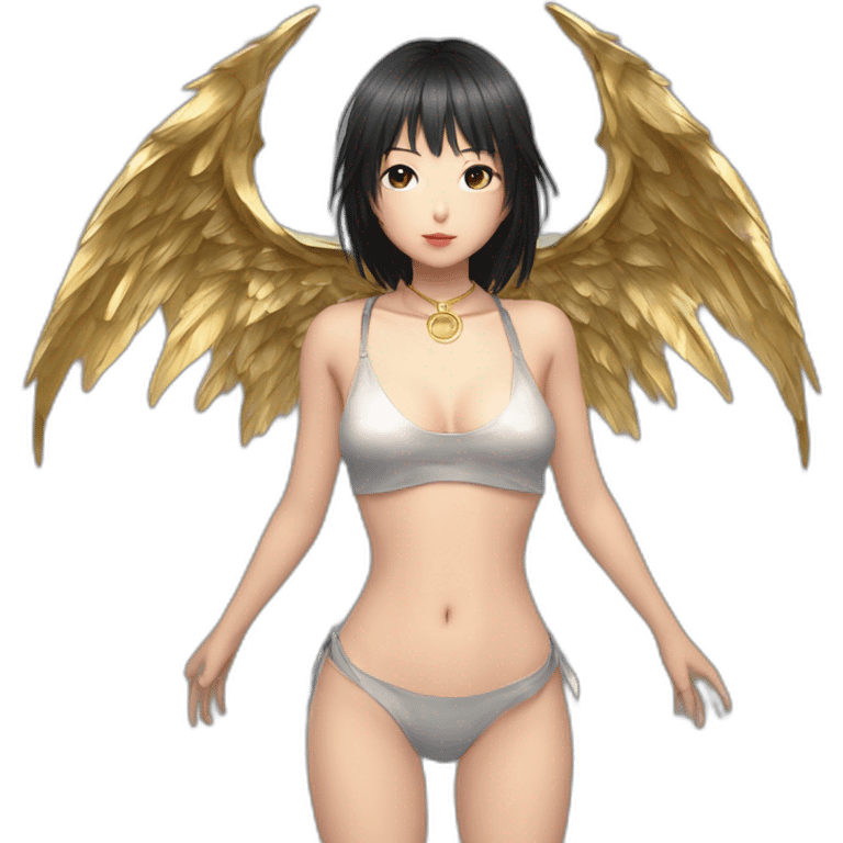 Miki Hamano, Bare belly, Wings, Choker, Bathed in shadows, FOV 90 degrees, short lighting, L USM, Cold Colors, gilded technique, extremely hyper aesthetic, absurdres emoji