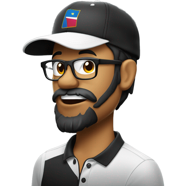 filipino golfer face wearing black rimmed glasses, 5 o clock shadow beard, wearing black cap. with silly face tongue out emoji