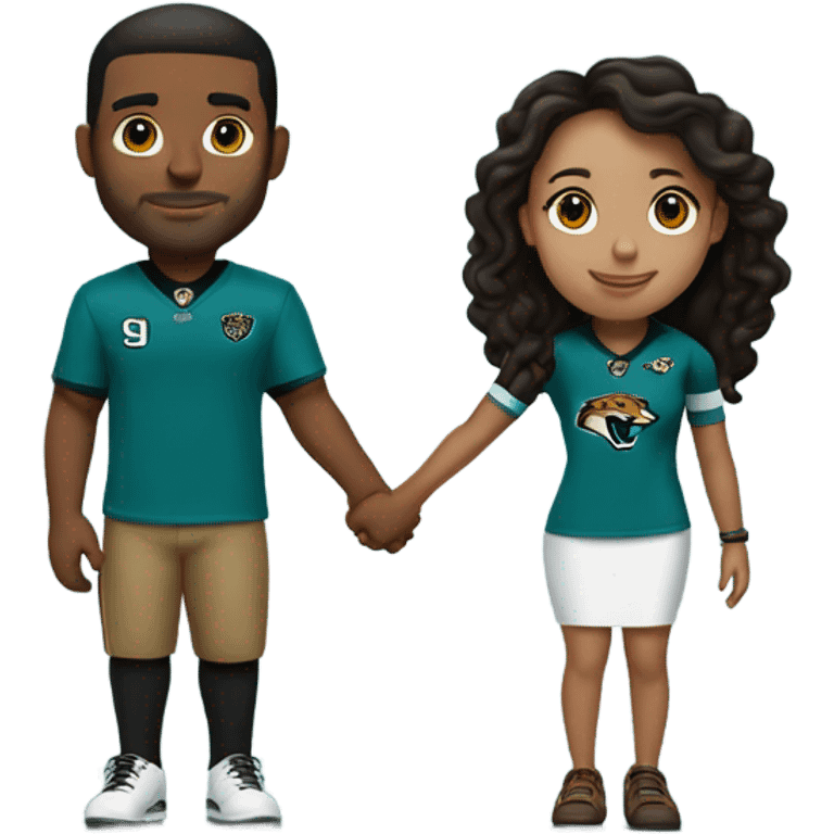 Brown guy and brown girl withJacksonville jaguars  clothes holding hands emoji