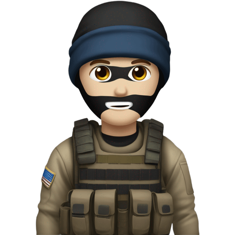 White male, call of duty black mask, camo tactical gear, tan combat boots, black beanie, blue eyes emoji