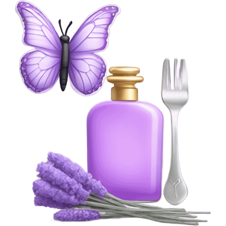  pastel violet butterfly resting on an elegant lavender perfume bottle with fork pink details. emoji