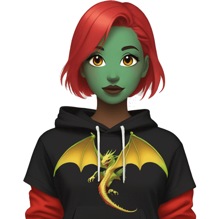 Lady with brunette and iridescent blue hair, gold, lime green dragon wings, black hoodie, bleach dyed, black and gold Nike t shirt, and bright red eyes emoji