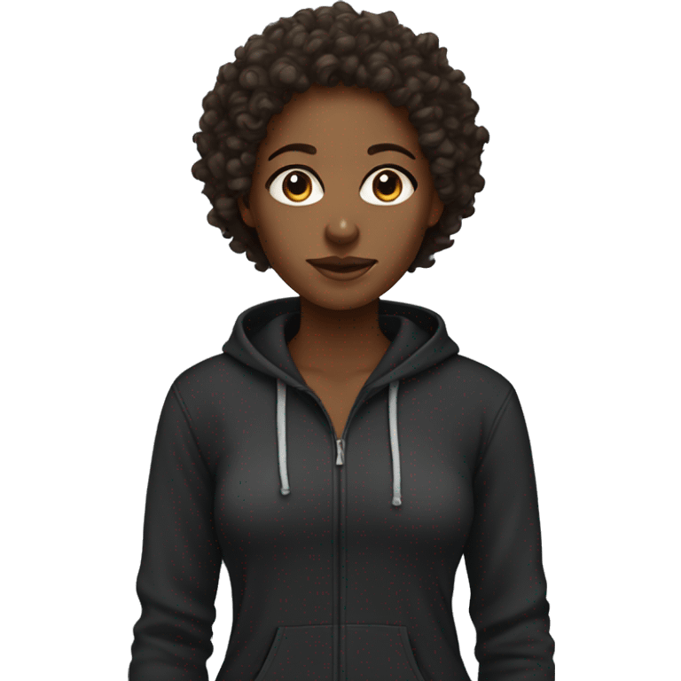 curly headed black woman with brown eyes and a black hoodie emoji