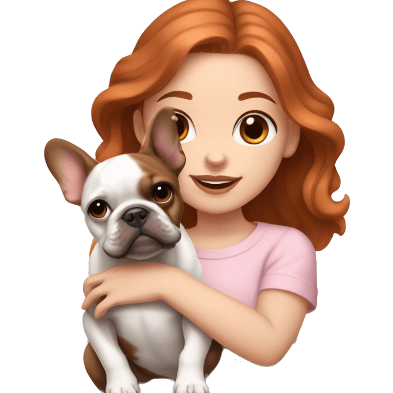  white skinned girl with medium pink wavy hair holding a brown and white french bulldog puppy  emoji