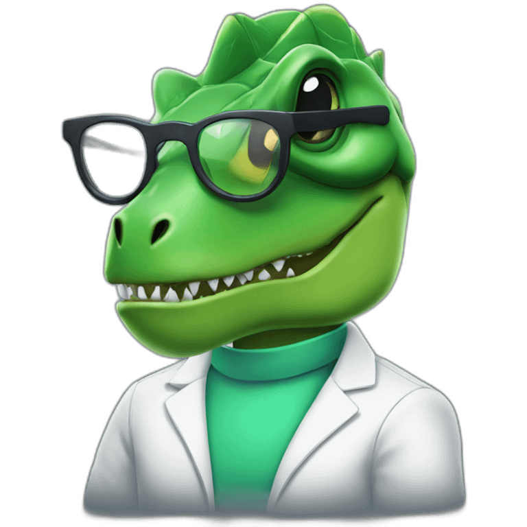 green t-rex head with makeup in lab uniform and black glasses emoji