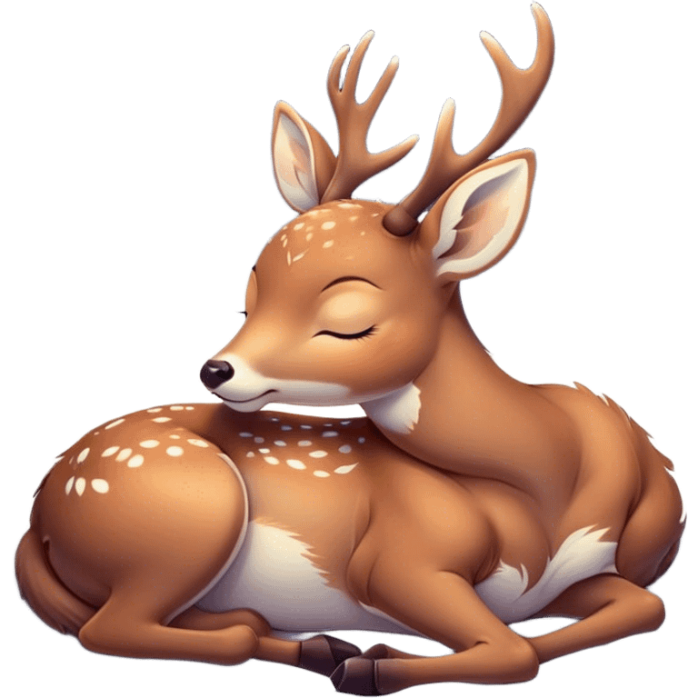 Meme-Worthy Cute Sleeping Deer Portrait Emoji, Head resting peacefully with a contented smile, showcasing a delicate, slender build and a luxuriously soft coat, eyes shut in a serene, restful nap, Simplified yet hilariously adorable features, highly detailed, glowing with a soft, drowsy light, high shine, relaxed and utterly lovable, stylized with an air of playful laziness, bright and heartwarming, soft glowing outline, capturing the essence of a comically sleepy deer, so meme-worthy it feels like it could instantly become the next viral sensation of adorable woodland slumber! emoji