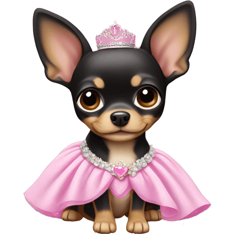 black & tan chihuahua puppy wearing a pink princess dress emoji