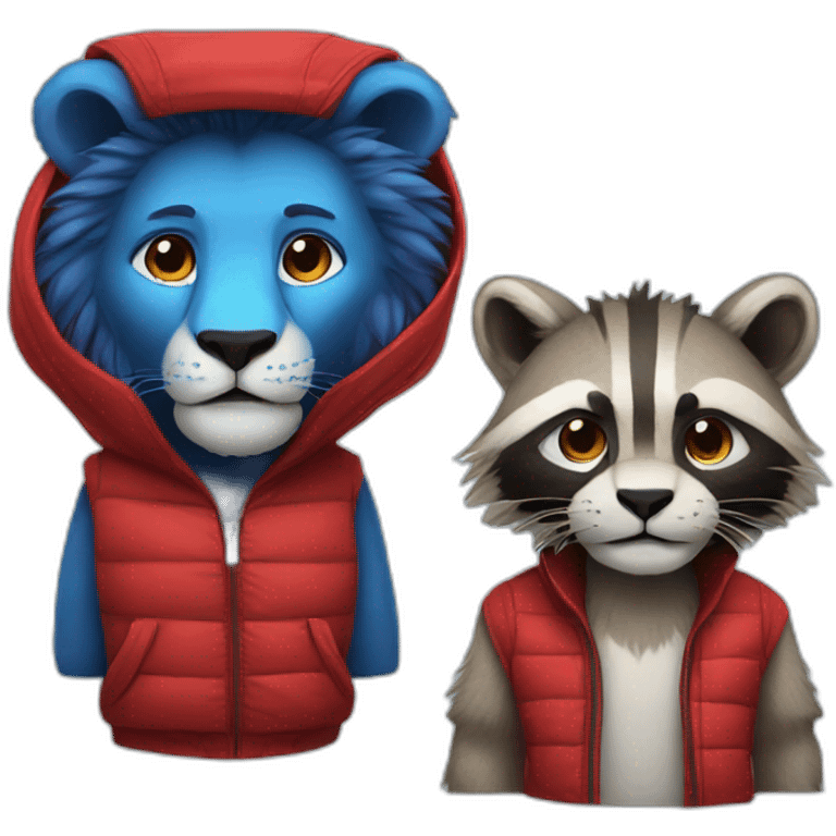 a lion and a raccoon with blue and red combined clothing emoji